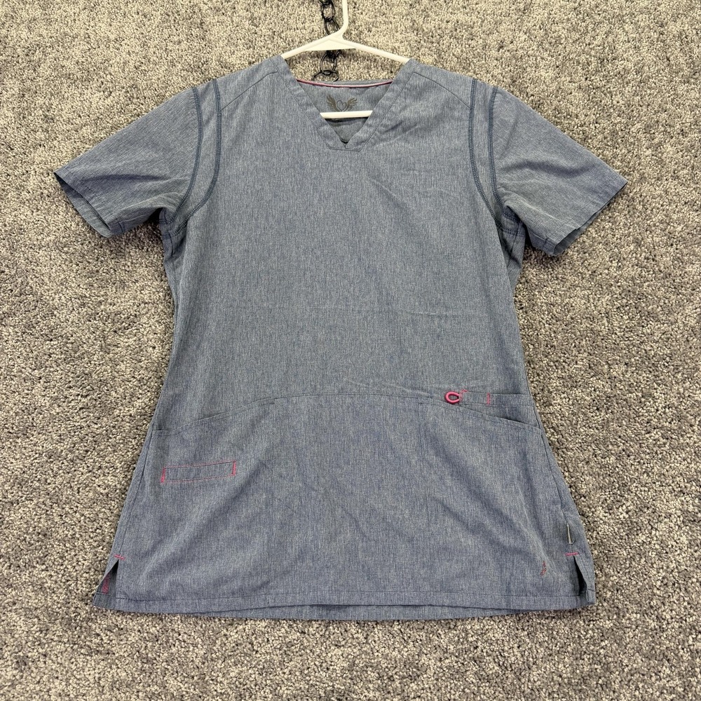 Smitten Shirt Womens Small Blue Gray V Neck Scrub Top Pockets Stretch Medical